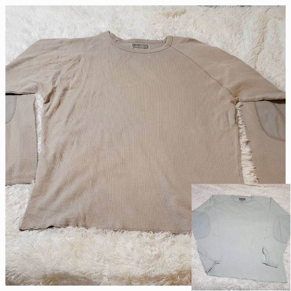 Men's crew neck long sleeve RAW EDGE putty pullover thermal waffle shirt L